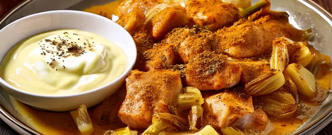 Teller mit Chicorée in Currysoße, daneben kleine Schale mit weißer Sauce, gewürzt mit schwarzem Pfeffer.