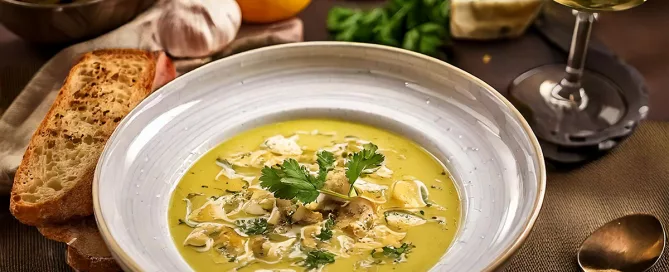 Schale mit gelber Chicorée-Suppe, garniert mit Petersilie und Mandelscheiben, umgeben von Knoblauch, Orange, Brot, Käse und Kräutern auf dunklem Untergrund.