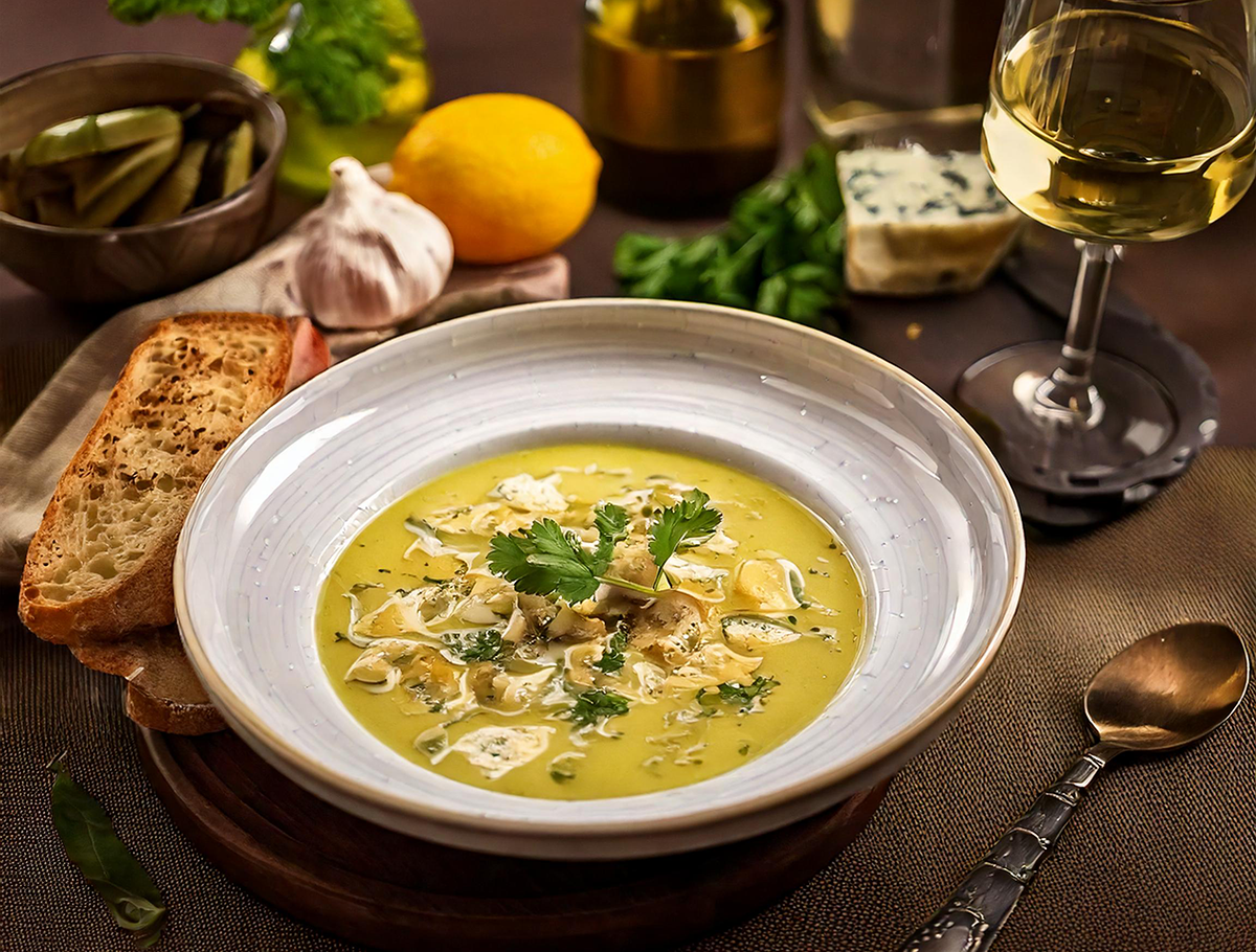 Schale mit gelber Chicorée-Suppe, garniert mit Petersilie und Mandelscheiben, umgeben von Knoblauch, Orange, Brot, Käse und Kräutern auf dunklem Untergrund.