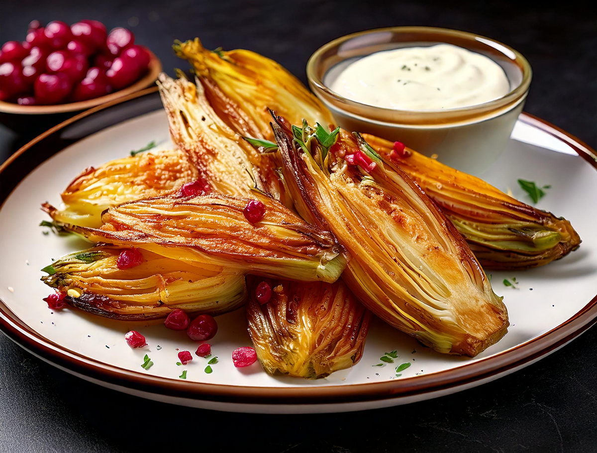 Mehrere goldbraun frittierte Chicorée-Hälften auf weißem Teller mit grüner Kräuterstreuung und einer Schale weißer Sauce daneben.