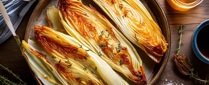 Vier gebackene Chicoréehälften auf braunem Teller, garniert mit Kräutern, daneben Honigglas, Salz und Gewürze auf Holztisch.