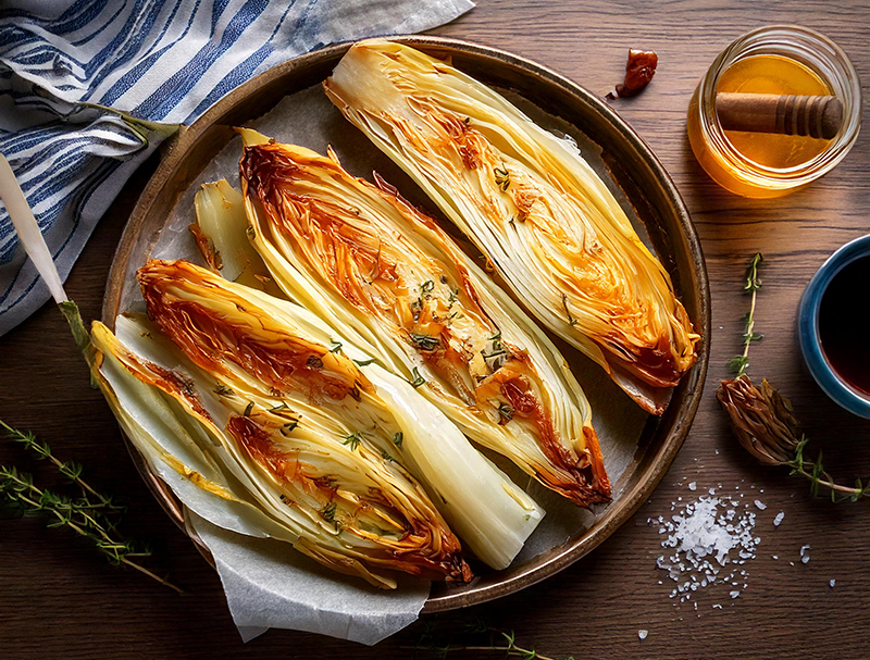 Vier gebackene Chicoréehälften auf braunem Teller, garniert mit Kräutern, daneben Honigglas, Salz und Gewürze auf Holztisch.