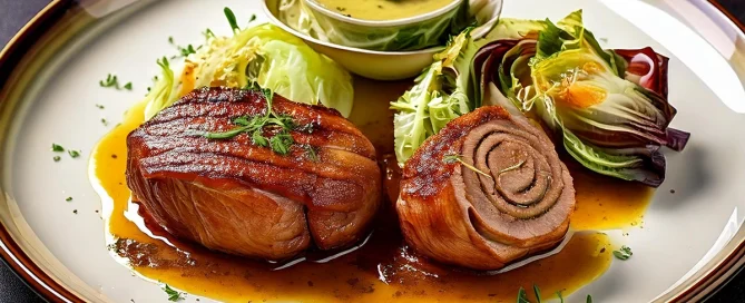 Zwei Kalbsrouladen mit Sauce und Chicorée auf einem Teller neben einer Schale mit Dressing.