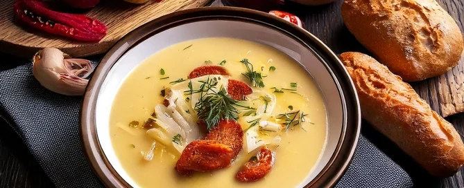 Schale mit cremiger Chicorée-Suppe, garniert mit Kräutern und gerösteten Gemüsestücken, daneben zwei Brötchen und frisches Gemüse auf dunklem Holz.