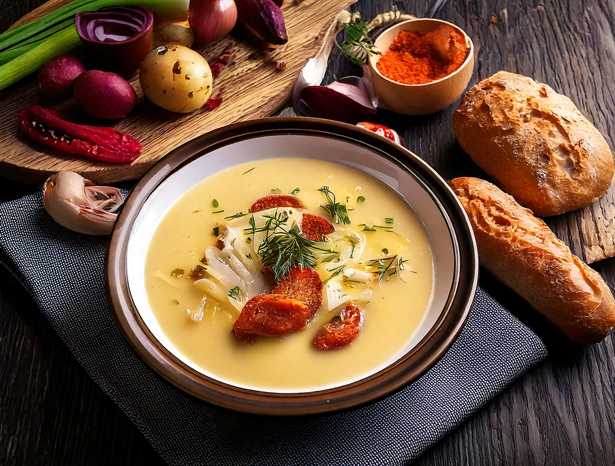 Schale mit cremiger Chicorée-Suppe, garniert mit Kräutern und gerösteten Gemüsestücken, daneben zwei Brötchen und frisches Gemüse auf dunklem Holz.