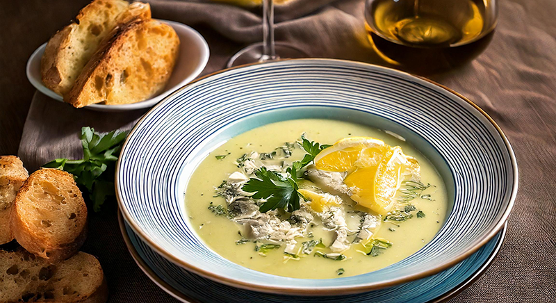 Schale mit gelber Chicorée-Suppe, garniert mit Petersilie und Zitronenscheibe, umgeben von Knoblauch, Orange, Brot und ein Glas Weißwein sowie Kräutern auf dunklem Untergrund.