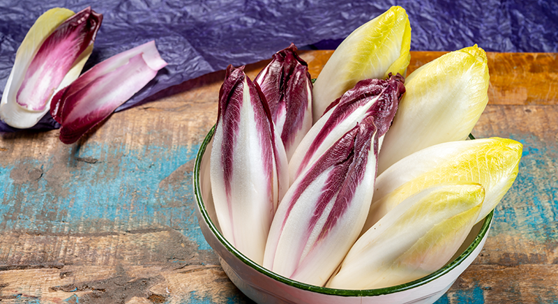 Schüssel mit mehreren Chicorée-Köpfen, einige rot-weiß, andere gelb-weiß, auf blau-braunem Untergrund.
