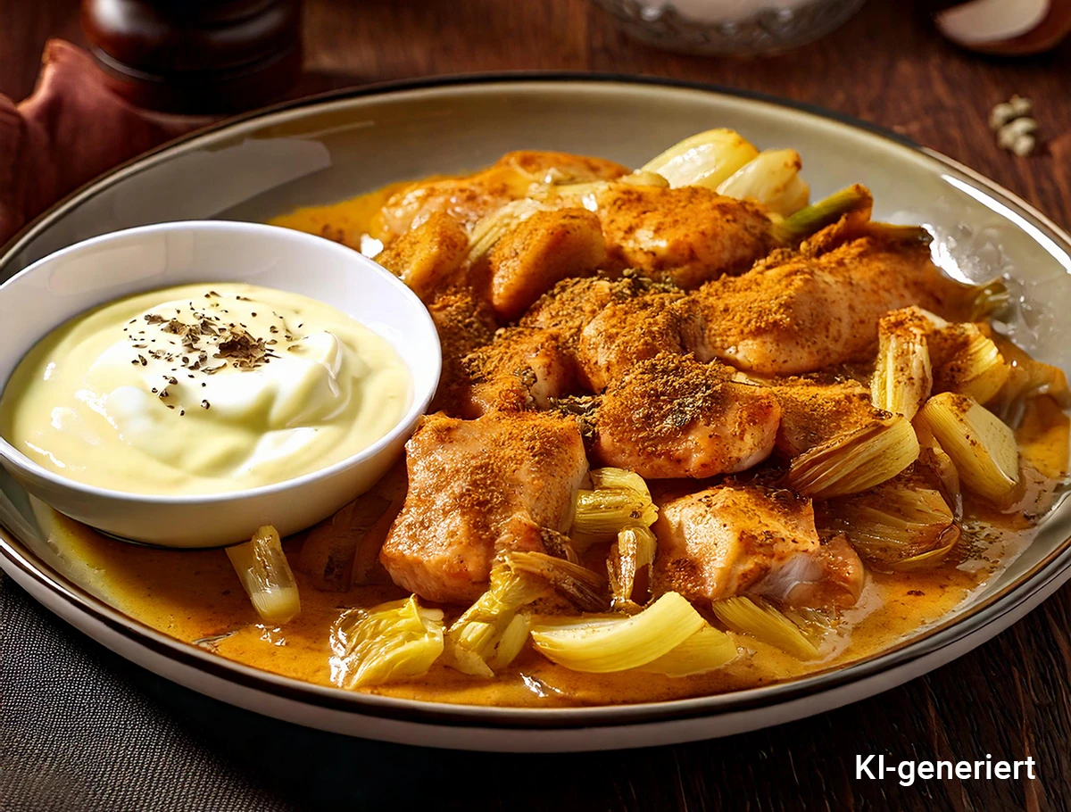 chicoree_rezepte_chicoree_curry_1200px KI-generiert Teller mit Chicorée in Currysoße, daneben kleine Schale mit weißer Sauce, gewürzt mit schwarzem Pfeffer.