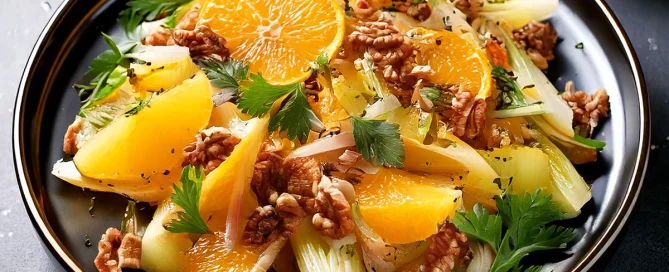 Schwarzer Teller mit Chicorée, Orangenscheiben, Walnüssen, Petersilienblättern und Apfelstücken als Salat angerichtet.