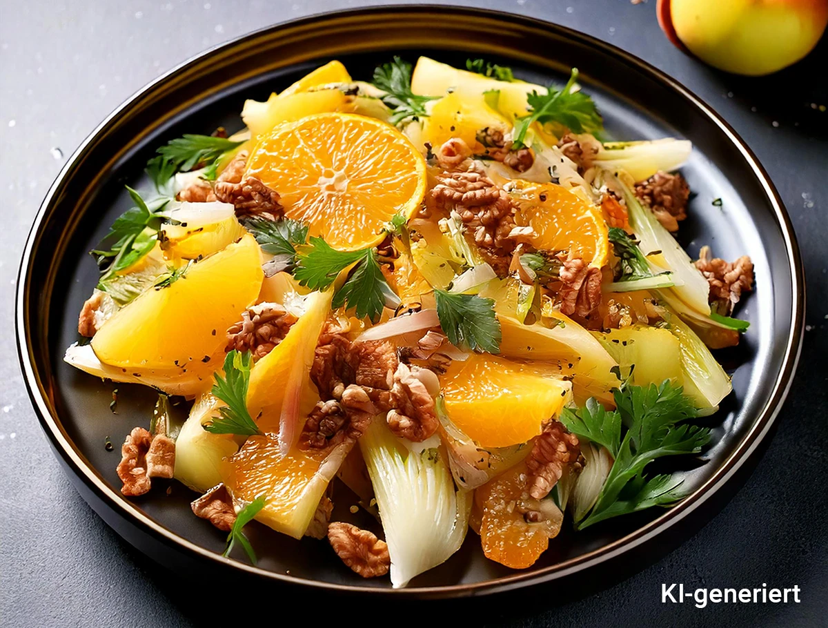chicoree_rezepte_chicoreesalat_klassisch_1200px KI-generiert Schwarzer Teller mit Chicorée, Orangenscheiben, Walnüssen, Petersilienblättern und Apfelstücken als Salat angerichtet.