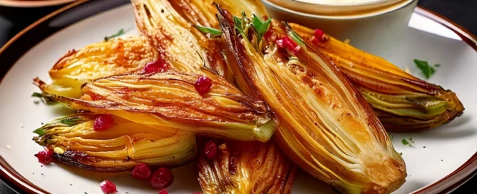 Mehrere goldbraun frittierte Chicorée-Hälften auf weißem Teller mit grüner Kräuterstreuung und einer Schale weißer Sauce daneben.