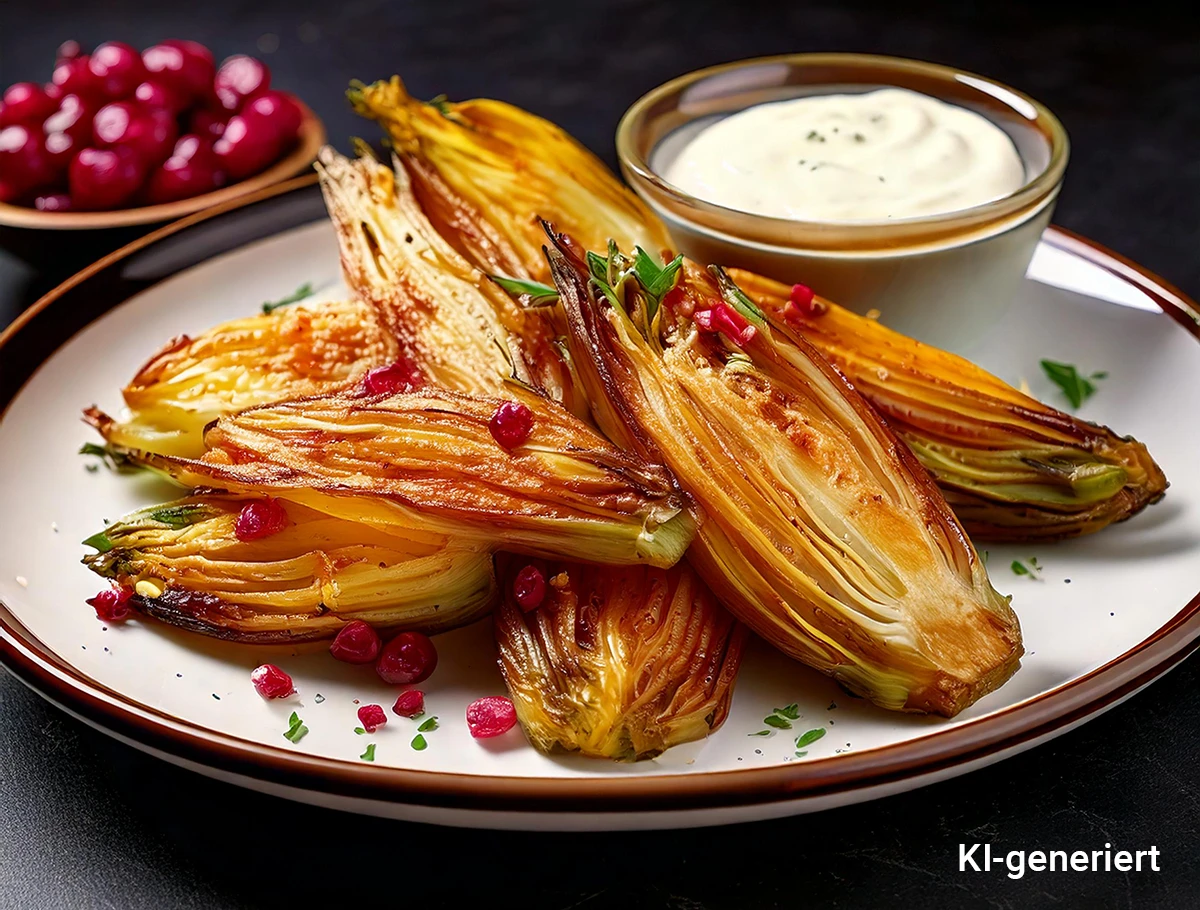 chicoree_rezepte_frittierter_chicoree_1200px KI-generiert Mehrere goldbraun frittierte Chicorée-Hälften auf weißem Teller mit grüner Kräuterstreuung und einer Schale weißer Sauce daneben.