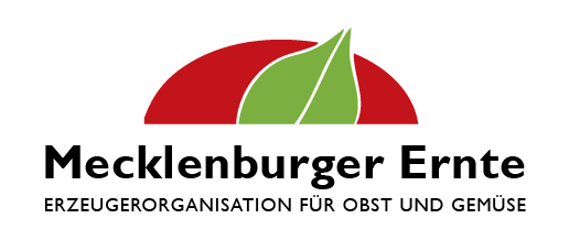 Rundes Logo mit rotem Hintergrund und grünem Blatt in der Mitte. Darunter der Schriftzug "Mecklenburger Ernte Erzeugerorganisation für Obst und Gemüse"