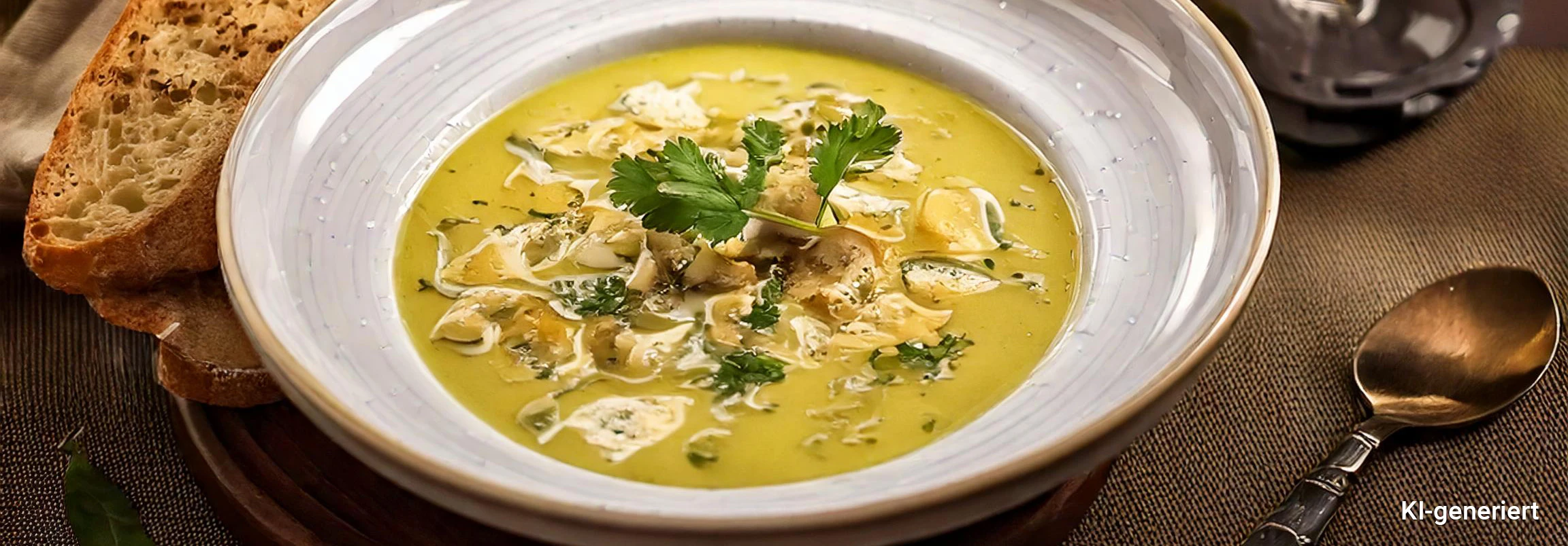 headerChicorée-Gorgonzola-Suppe KI-generiert Schale mit gelber Chicorée-Suppe, garniert mit Petersilie und Mandelscheiben, umgeben von Knoblauch, Orange, Brot, Käse und Kräutern auf dunklem Untergrund.