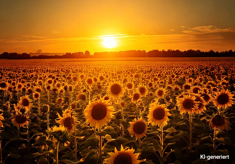 Weites Sonnenblumenfeld bei Sonnenuntergang mit leuchtend orangefarbenem Himmel und Silhouetten am Horizont.